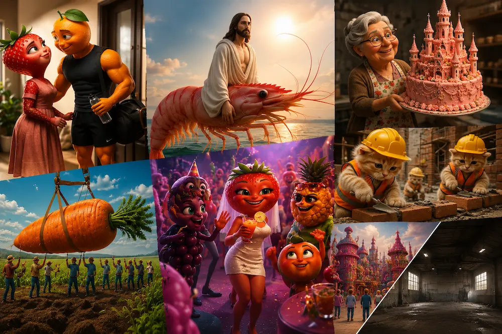 Collage de ejemplos de AI slop con frutas, animales, escenas irreales y contenido generado con IA