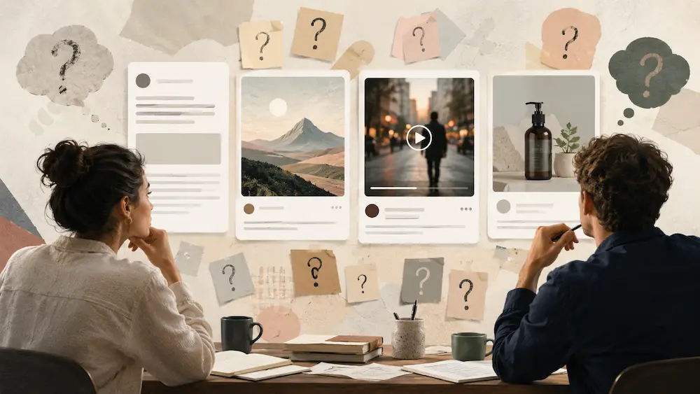 Dos personas revisando distintos formatos de contenido mientras plantean preguntas sobre AI slop